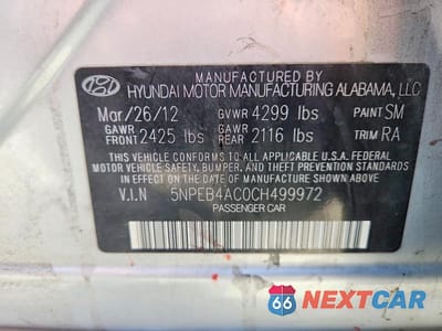 Zdjęcie 12 z 12 samochodu: 2012 HYUNDAI SONATA GLS VIN:5NPEB4AC0CH499972 - miniatura
