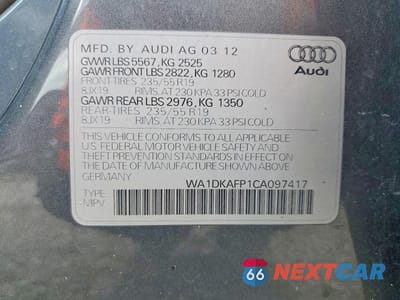 Zdjęcie 12 z 12 samochodu: 2012 AUDI Q5 PREMIUM PLUS VIN:WA1DKAFP1CA097417 - miniatura