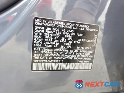 Zdjęcie 12 z 12 samochodu: 2021 VOLKSWAGEN ATLAS CROSS SPORT SE VIN:1V2PE2CA6MC237515 - miniatura