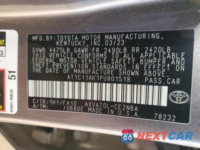 Zdjęcie 12 z 12 samochodu: 2023 TOYOTA CAMRY LE VIN:4T1C11AK1PU801518 - miniatura