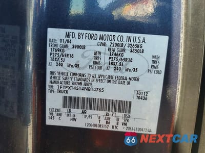 Zdjęcie 12 z 12 samochodu: 2004 FORD F150 VIN:1FTPX14514NB14765 - miniatura