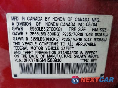 Zdjęcie 14 z 14 samochodu: 2004 HONDA PILOT EXL VIN:2HKYF18514H588930 - miniatura