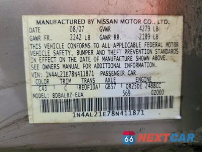 Zdjęcie 12 z 12 samochodu: 2008 NISSAN ALTIMA 2.5 VIN:1N4AL21E78N411871 - miniatura