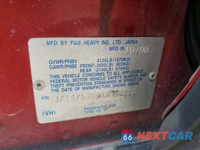Zdjęcie 12 z 12 samochodu: 2001 SUBARU FORESTER L VIN:JF1SF63501H752212 - miniatura
