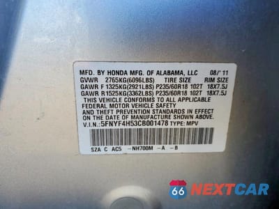 Zdjęcie 14 z 14 samochodu: 2012 HONDA PILOT EXL VIN:5FNYF4H53CB001478 - miniatura