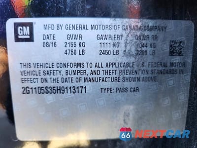 Zdjęcie 12 z 12 samochodu: 2017 CHEVROLET IMPALA LT VIN:2G1105S35H9113171 - miniatura