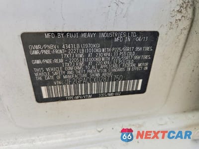 Zdjęcie 12 z 12 samochodu: 2013 SUBARU XV CROSSTREK 2.0 PREMIUM VIN:JF2GPACCXD2871750 - miniatura