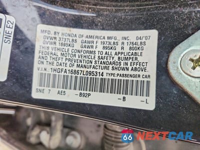 Zdjęcie 12 z 12 samochodu: 2007 HONDA CIVIC EX VIN:1HGFA16867L095314 - miniatura