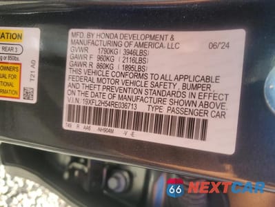 Zdjęcie 12 z 12 samochodu: 2024 HONDA CIVIC LX VIN:19XFL2H54RE036713 - miniatura