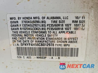 Zdjęcie 13 z 13 samochodu: 2012 HONDA PILOT TOURING VIN:5FNYF4H98CB012978 - miniatura