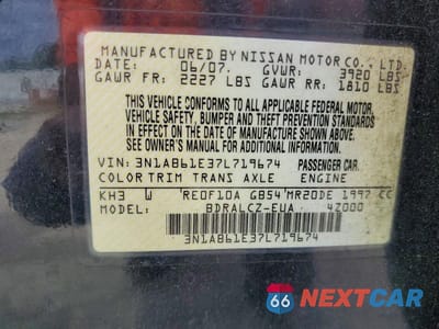 Zdjęcie 12 z 12 samochodu: 2007 NISSAN SENTRA 2.0 VIN:3N1AB61E37L719674 - miniatura