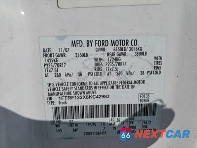 Zdjęcie 12 z 12 samochodu: 2008 FORD F150 VIN:1FTRF122X8KC42983 - miniatura