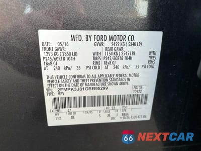 Zdjęcie 10 z 10 samochodu: 2016 FORD EDGE SEL VIN:2FMPK3J81GBB95299 - miniatura