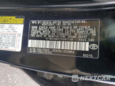 Zdjęcie 12 z 12 samochodu: 2007 TOYOTA CAMRY LE VIN:4T1BE46K57U581116 - miniatura
