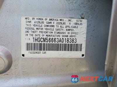 Zdjęcie 12 z 12 samochodu: 2003 HONDA ACCORD EX VIN:1HGCM56663A018383 - miniatura