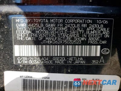 Zdjęcie 12 z 12 samochodu: 2007 LEXUS IS 250 VIN:JTHBK262X75032523 - miniatura