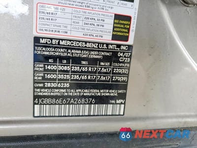 Zdjęcie 12 z 12 samochodu: 2007 MERCEDES-BENZ ML 350 VIN:4JGBB86E67A268376 - miniatura