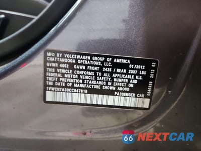 Zdjęcie 12 z 12 samochodu: 2012 VOLKSWAGEN PASSAT SEL VIN:1VWCN7A33CC047815 - miniatura