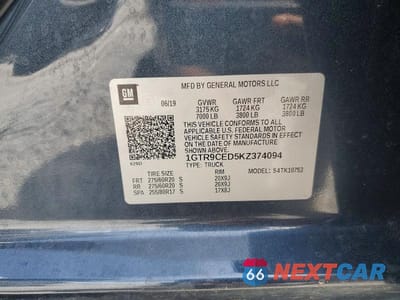 Zdjęcie 12 z 12 samochodu: 2019 GMC SIERRA K1500 ELEVATION VIN:1GTR9CED5KZ374094 - miniatura