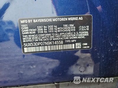 Zdjęcie 13 z 13 samochodu: 2022 BMW X3 XDRIVE30I VIN:5UX53DP07N9K14558 - miniatura
