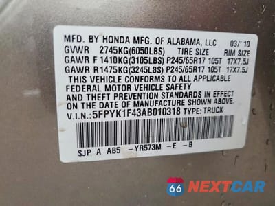 Zdjęcie 12 z 12 samochodu: 2010 HONDA RIDGELINE RTS VIN:5FPYK1F43AB010318 - miniatura