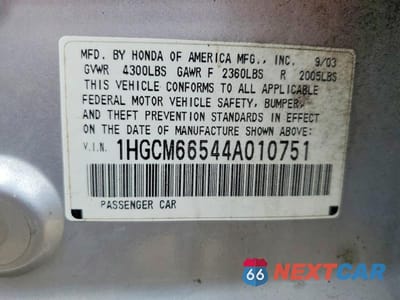 Zdjęcie 12 z 12 samochodu: 2004 HONDA ACCORD EX VIN:1HGCM66544A010751 - miniatura
