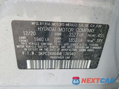 Zdjęcie 12 z 12 samochodu: 2021 HYUNDAI ACCENT SE VIN:3KPC24A64ME136940 - miniatura