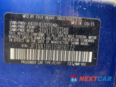 Zdjęcie 10 z 10 samochodu: 2016 SUBARU WRX VIN:JF1VA1B61G9816172 - miniatura