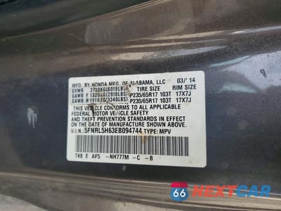 Zdjęcie 13 z 13 samochodu: 2014 HONDA ODYSSEY EXL VIN:5FNRL5H63EB094744 - miniatura