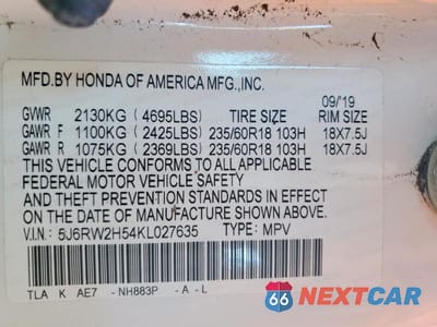 Zdjęcie 13 z 13 samochodu: 2019 HONDA CR-V EX VIN:5J6RW2H54KL027635 - miniatura