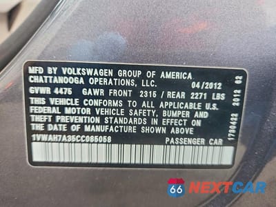 Zdjęcie 12 z 12 samochodu: 2012 VOLKSWAGEN PASSAT S VIN:1VWAH7A35CC085058 - miniatura