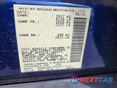 Zdjęcie 12 z 12 samochodu: 2016 NISSAN ALTIMA 2.5 SR VIN:1N4AL3AP4GC244953 - miniatura