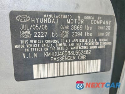 Zdjęcie 13 z 13 samochodu: 2008 HYUNDAI ELANTRA GLS VIN:KMHDU46D88U552482 - miniatura
