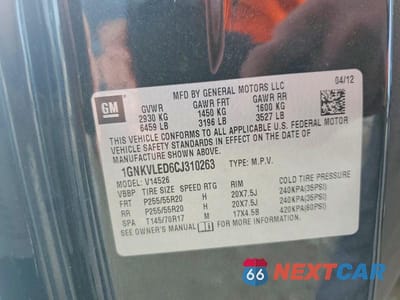 Zdjęcie 13 z 13 samochodu: 2012 CHEVROLET TRAVERSE LTZ VIN:1GNKVLED6CJ310263 - miniatura