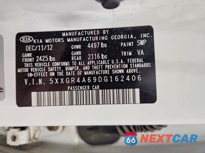 Zdjęcie 12 z 12 samochodu: 2013 KIA OPTIMA SX VIN:5XXGR4A69DG162406 - miniatura