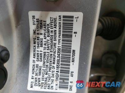Zdjęcie 12 z 12 samochodu: 2006 HONDA CIVIC LX VIN:1HGFA165X6L043561 - miniatura