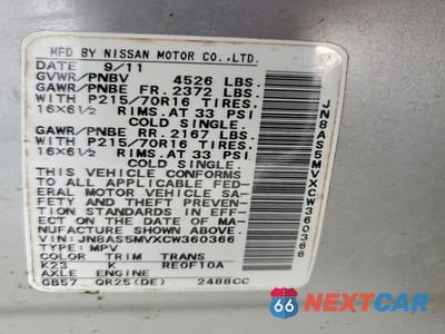 Zdjęcie 12 z 12 samochodu: 2012 NISSAN ROGUE S VIN:JN8AS5MVXCW360366 - miniatura