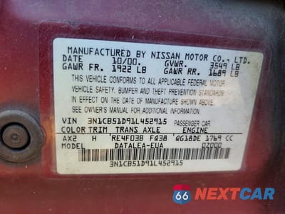 Zdjęcie 12 z 12 samochodu: 2001 NISS SENTRA VIN:3N1CB51D91L452915 - miniatura