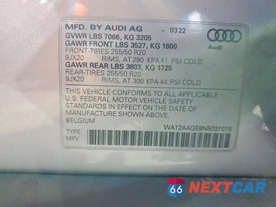 Zdjęcie 12 z 12 samochodu: 2022 AUDI E-TRON SPORTBACK PREMIUM PLUS VIN:WA12AAGE8NB031015 - miniatura