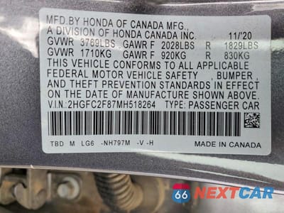 Zdjęcie 12 z 12 samochodu: 2021 HONDA CIVIC SPORT VIN:2HGFC2F87MH518264 - miniatura