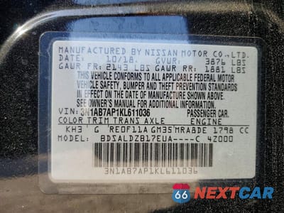 Zdjęcie 13 z 13 samochodu: 2019 NISSAN SENTRA SV VIN:3N1AB7AP1KL611036 - miniatura