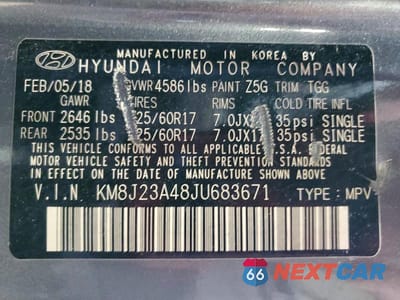 Zdjęcie 13 z 13 samochodu: 2018 HYUNDAI TUCSON SE VIN:KM8J23A48JU683671 - miniatura