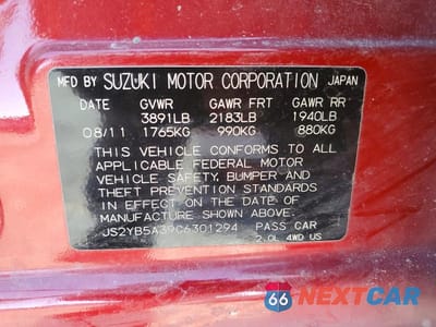 Zdjęcie 12 z 12 samochodu: 2012 SUZUKI SX4 CROSSOVER AWD W/ VIN:JS2YB5A39C6301294 - miniatura