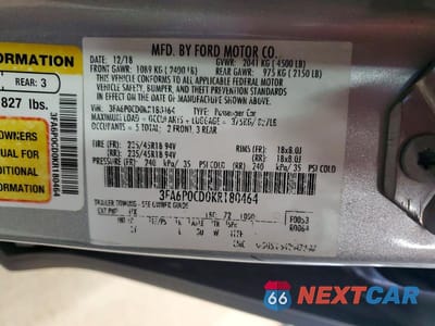 Zdjęcie 12 z 12 samochodu: 2019 FORD FUSION SEL VIN:3FA6P0CD0KR180464 - miniatura