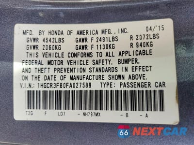 Zdjęcie 12 z 12 samochodu: 2015 HONDA ACCORD EXL VIN:1HGCR3F80FA027589 - miniatura