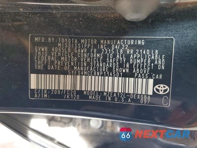 Zdjęcie 12 z 12 samochodu: 2022 TOYOTA COROLLA SE NIGHTSHADE EDITION VIN:5YFS4MCE8NP114501 - miniatura