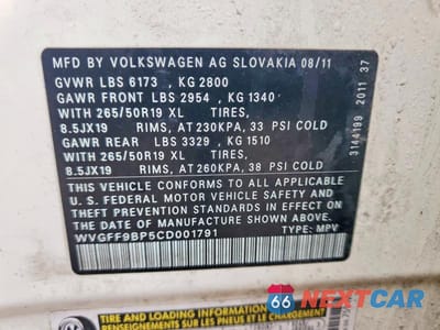 Zdjęcie 13 z 13 samochodu: 2012 VOLKSWAGEN TOUAREG V6 VIN:WVGFF9BP5CD001791 - miniatura