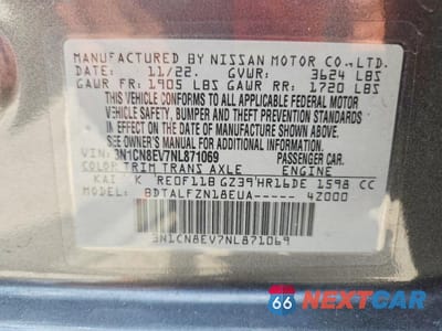 Zdjęcie 12 z 12 samochodu: 2022 NISSAN VERSA SV VIN:3N1CN8EV7NL871069 - miniatura