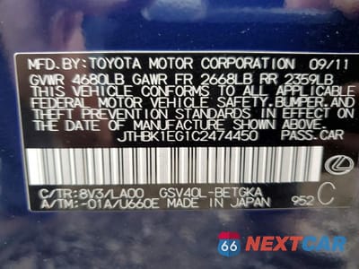 Zdjęcie 12 z 12 samochodu: 2012 LEXUS ES 350 VIN:JTHBK1EG1C2474450 - miniatura