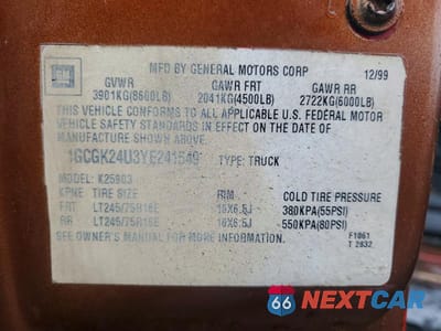 Zdjęcie 12 z 12 samochodu: 2000 CHEVROLET SILVERADO K2500 VIN:1GCGK24U3YE241549 - miniatura